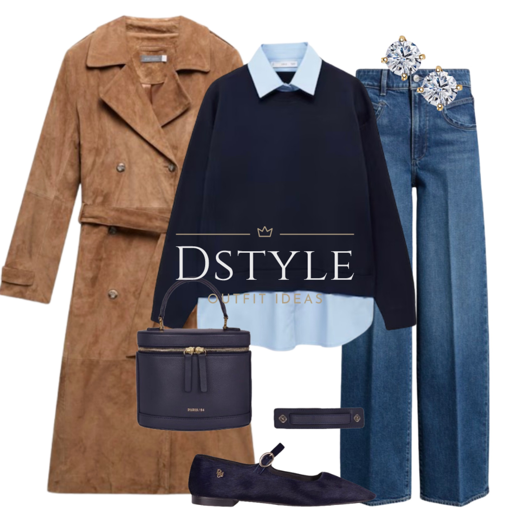 Tan suede trench coat, dark navy combined shirt sweater/ jumper, Mary Jane navy blue flat shoes, matching Paris64 ultramarine bag