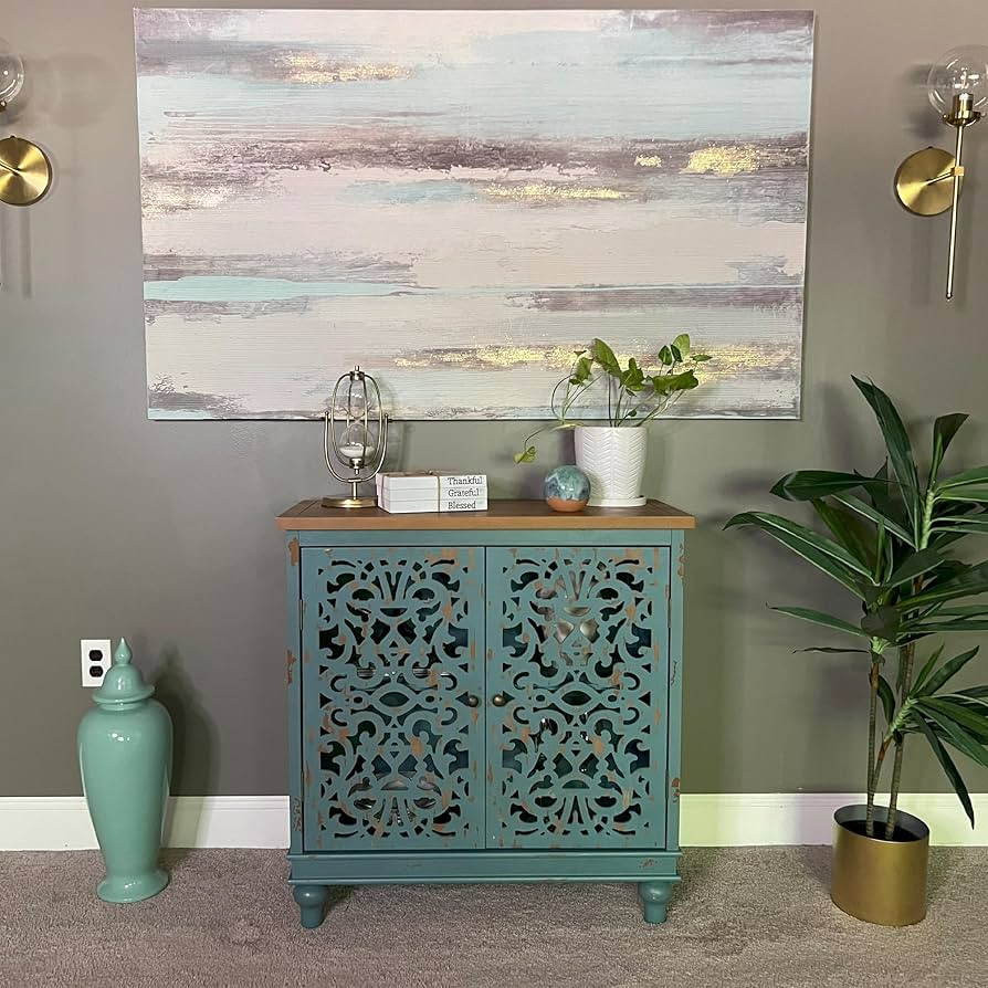 PHI VILLA Blue Accent Cabinets, Small Buffet Sideboad Cabinet, Hollow Carved 2 Door Credenza, Far... | Amazon (US)