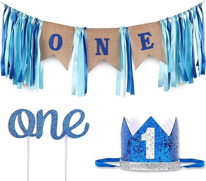 Baby 1st Birthday Boy Decorations with Crown - Baby Boy First Birthday Decorations High Chair Ban... | Amazon (US)