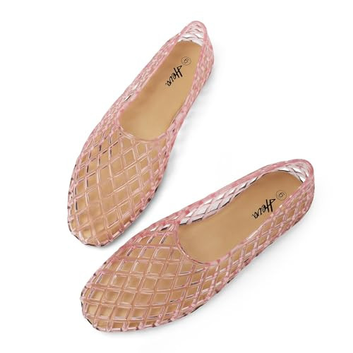 HEVA Women's Jelly Mesh Flats Breathable Clear Hollow Shoes Summer Beach Jellies Ballet Sandals(5 M US Pink) | Amazon (US)