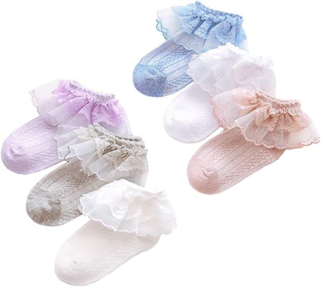 Baby Girl Pointelle Ruffled Lace Ankle Socks Cartoon Strips Low Cut Socks For Infant & Toddler & ... | Amazon (US)