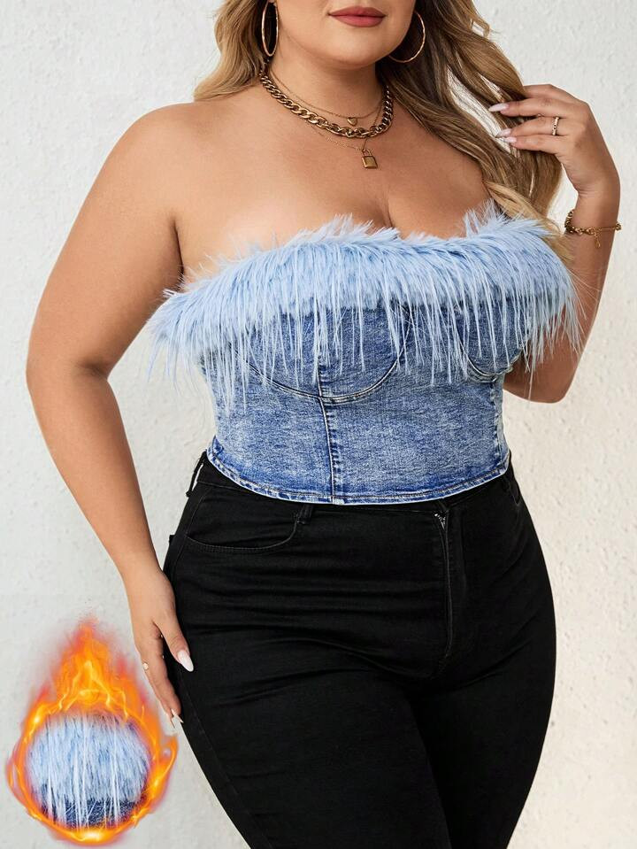 SHEIN CURVE+ Blue Plus Size Denim Top Tight Top Lined For Added Warmth Thermal Denim | SHEIN