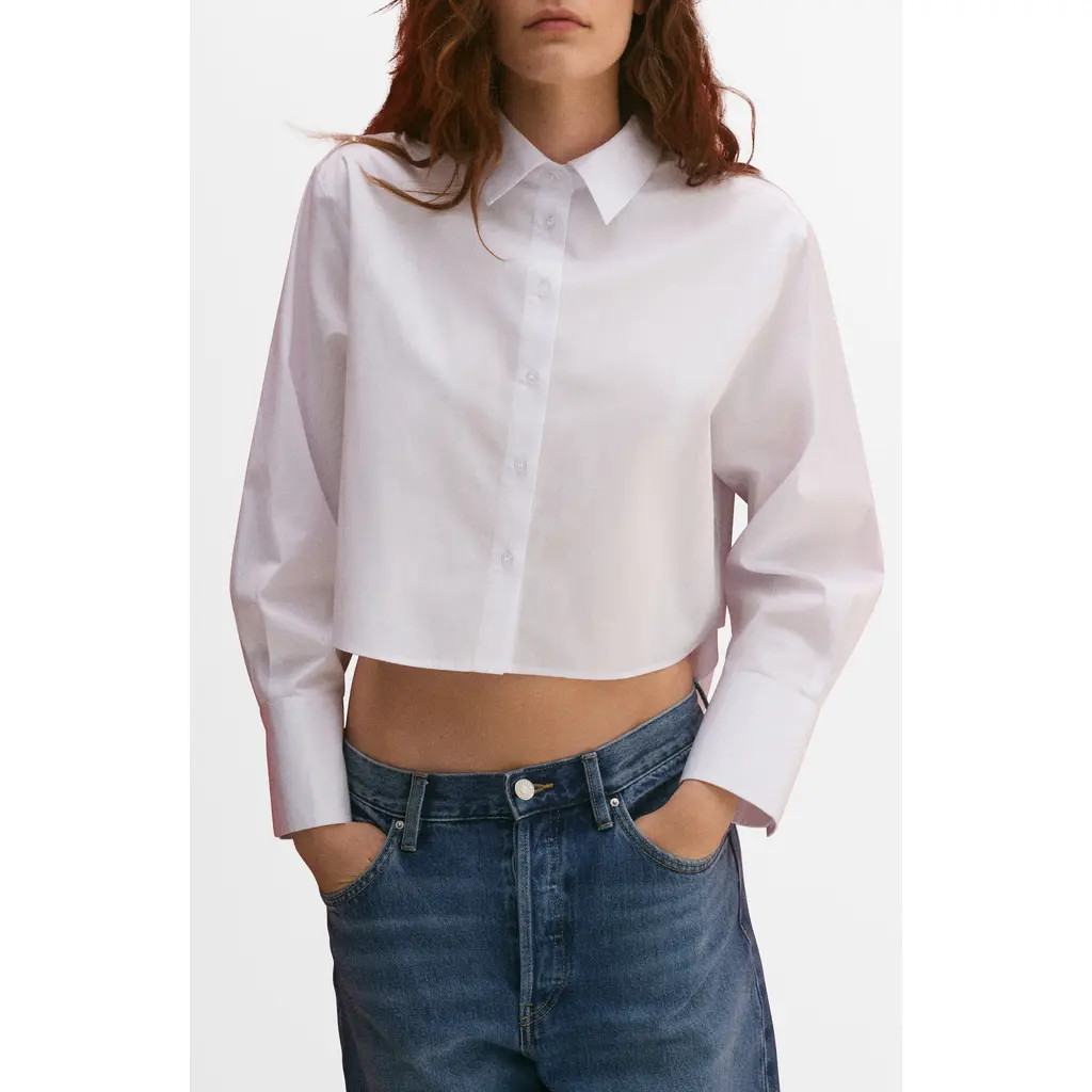 MANGO Caro Crop Button-Up Shirt in Off White at Nordstrom Rack, Size 6 | Nordstrom Rack