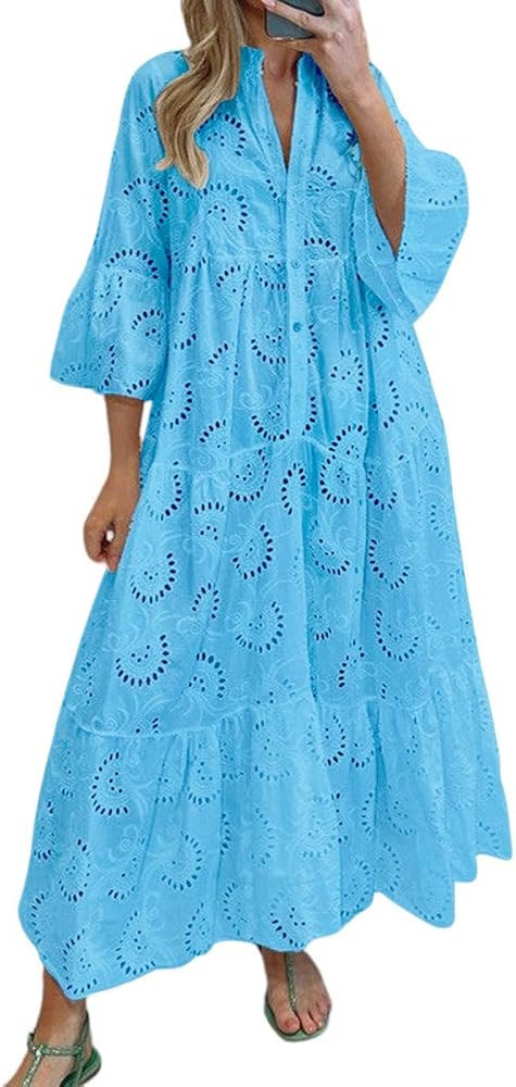 chouyatou Women's 2025 Lace Eyelet Embroidery Maxi Dress V-Neck Trumpet Sleeve Boho Flowy Swing D... | Amazon (US)