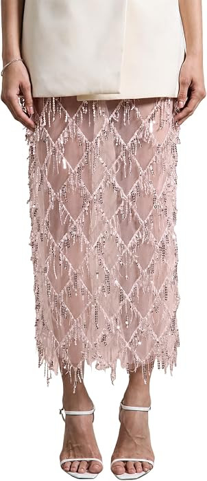 Women's Sequin Fringe Midi Skirts Sparkly Side Split Zip Up Glitter Pencil Skirt Sheer Party Mesh Tassel Cover Up | Amazon (US)