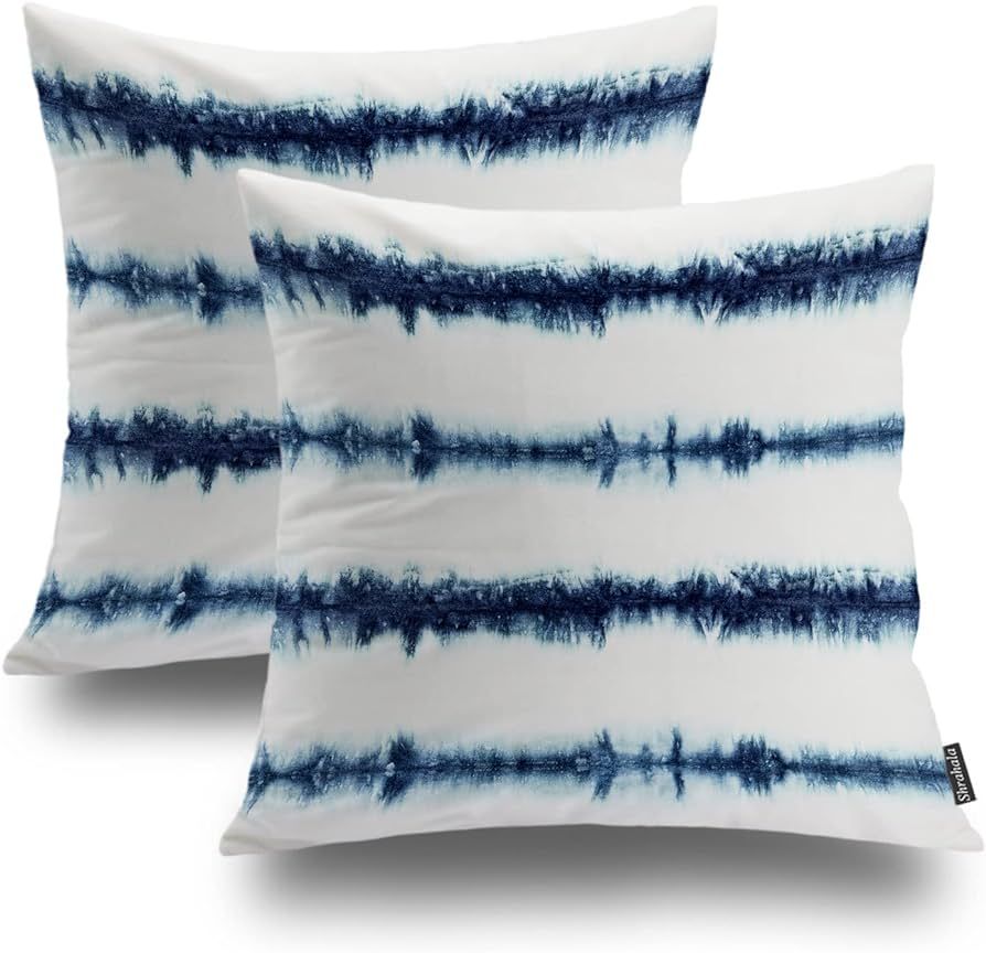 Shrahala Indigo Blue Abstract Stripe Decorative Throw Pillow Cover, White Art Stripe Square Pillo... | Amazon (US)