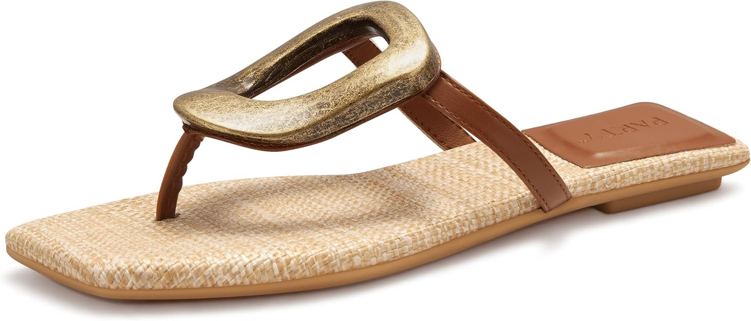 PARTY Square Toe Flip Flops Women,Fashion Designer Thong Sandals with Gold Buckle Trendy Summer C... | Amazon (US)