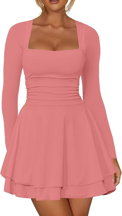 Kaximil Women's Square Neck Ruffle Hem Mini Dress Ruched Waist Long Sleeve Corset Short Party Dre... | Amazon (US)