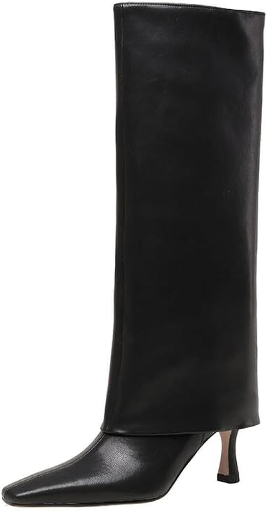 Goolita Women's Stiletto Heel Knee High Boots Square Toe Slip On Fold Over Boots For Women Leather S | Amazon (US)
