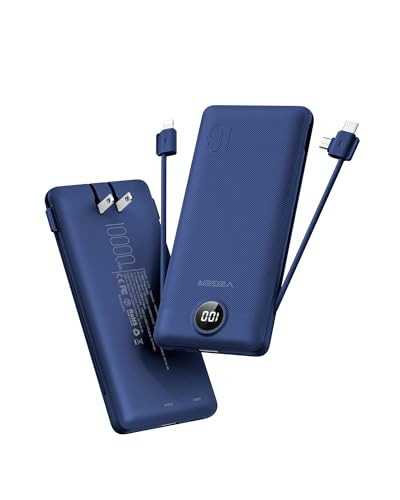 VEGER Portable Charger with Built-in AC Plug and Cables, All in One 10000mAh Ultra Slim Power Bank Travel Essentials, 18W Fast Charging Battery Pack Compatible with iPhone, Samsung, Android (Navy) | Amazon (US)