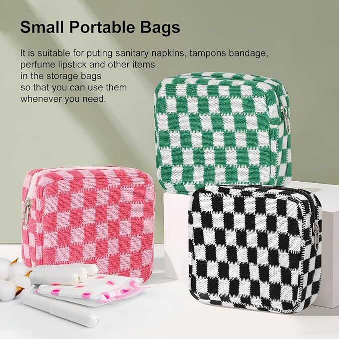 3 Pieces Period Bag for Teen Aged Girls, Sanitary Napkin Checkered Storage Bag, Functional Cute S... | Amazon (US)