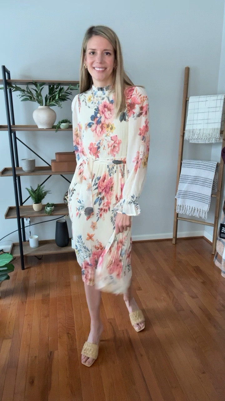 Thus pleated midi dress is a must for Spring with its sheer sleeves and belted waistline!  🌸💐🌻🌺

Fits true to size. 

#LTKWorkwear