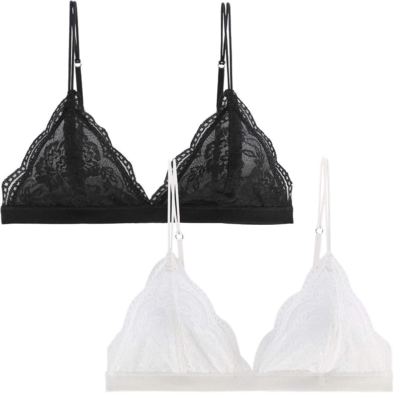 Lace Bralettes for Women Floral Adjustable Thin Strap V Neck Hook Eye Unpadded Triangle Bralette ... | Amazon (US)