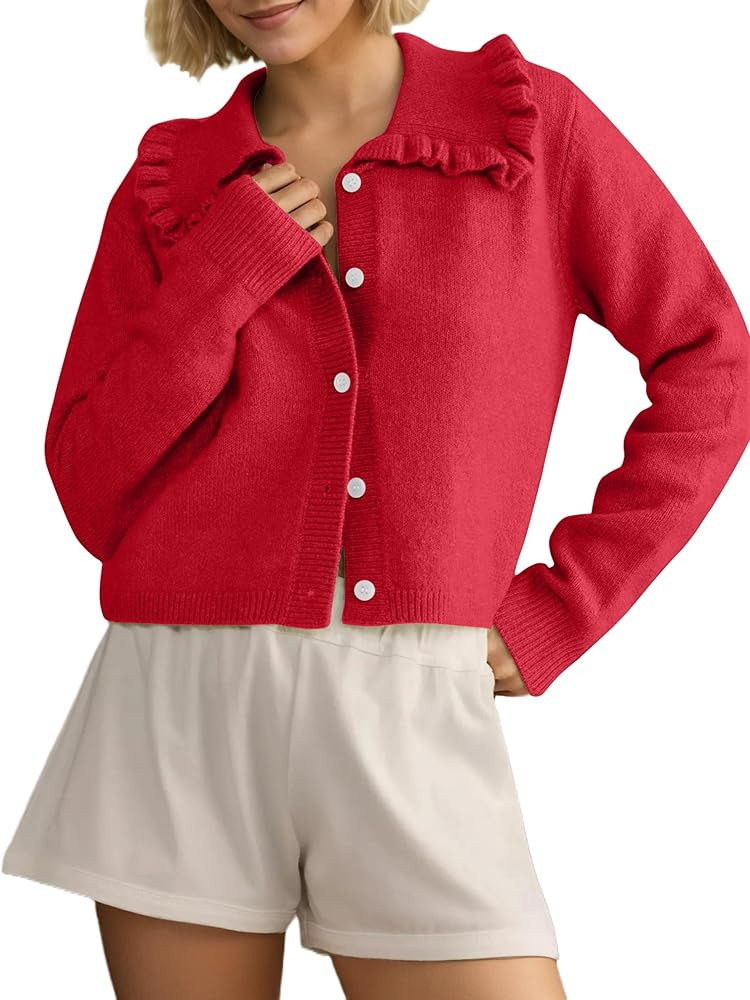 MISSACTIVER Women Ruffle Collar Cropped Cardigan Casual Lapel Button Down Sweaters Long Sleeve Op... | Amazon (US)