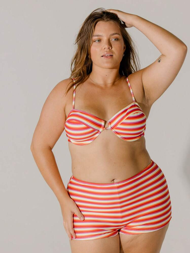 Aralina Plus Size Curve Striped Underwired Vintage-Inspired Red And White Short Vacation Bikini Set With Swim Bag Summer | SHEIN