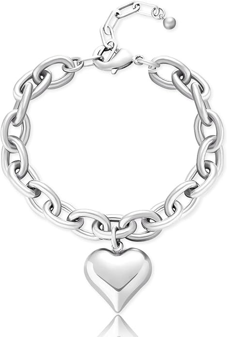 CLASSYZINT Heart Bracelet for Women Puffy Heart Charm Bracelet Link Chain Bracelet Adjustable Lin... | Amazon (US)