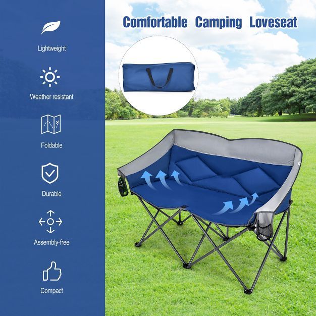 Costway Folding Camping Chair Loveseat Double Seat w/ Bags & Padded Backrest Gray\Blue | Target
