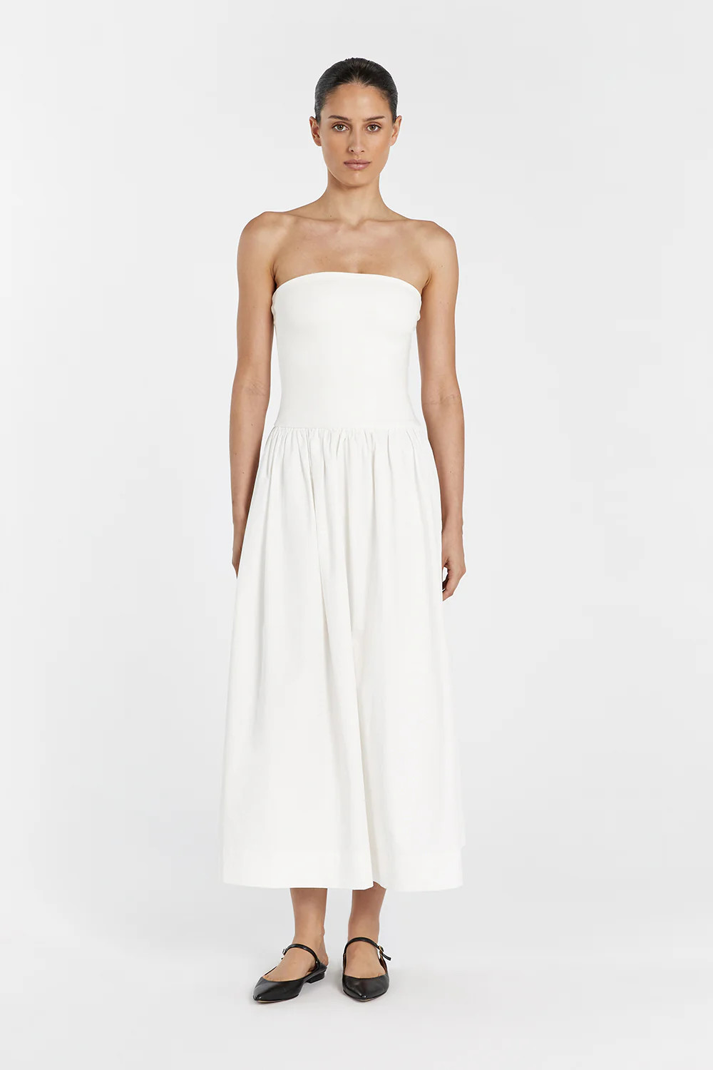 SOPHIE WHITE STRAPLESS MIDI DRESS | DISSH