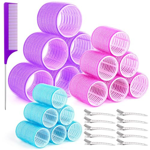 29 PCS Hair Roller Set Hair Curlers, Rollers for Hair Blowout Look with Stainless steel Clips Jumbo Large Medium Hair Curlers for Short Long Hair(PurpleRoseBlue) | Amazon (US)