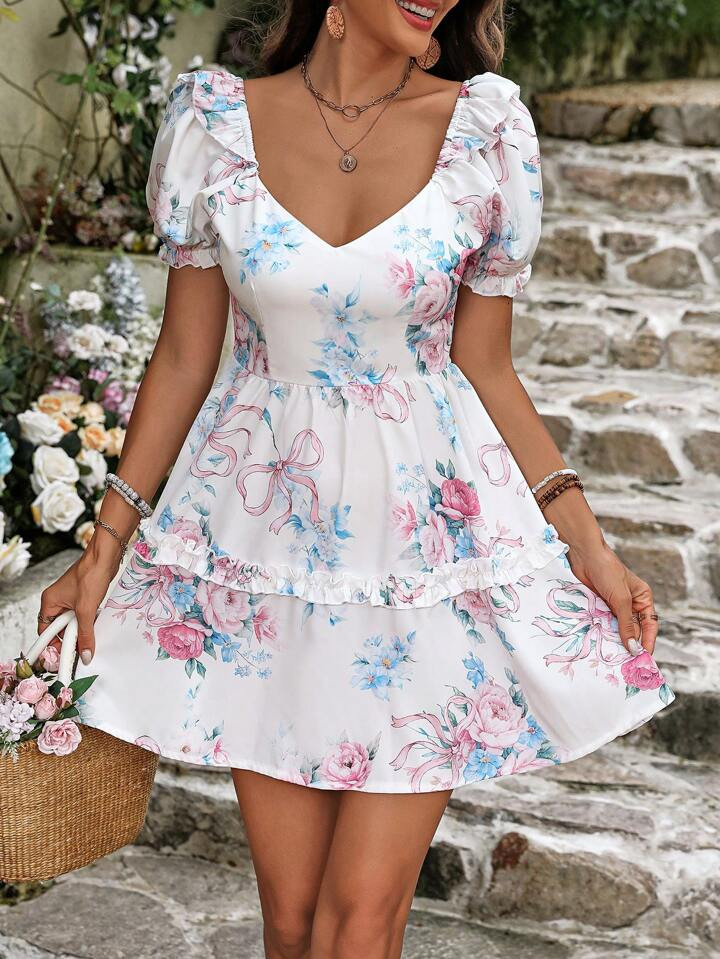 SHEIN WYWH Women's Holiday Printed Ruffle Hem Dress | SHEIN