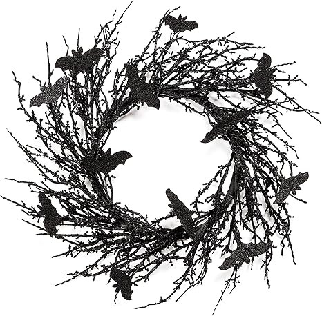 18 Inch Black Halloween Wreath Bat Wreath Door Wreath with Glitter Bats Decorations Halloween Par... | Amazon (US)