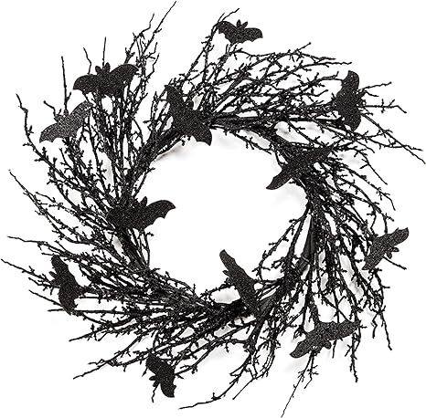 Amazon.com: 18 Inch Black Halloween Wreath Bat Wreath Door Wreath with Glitter Bats Decorations H... | Amazon (US)