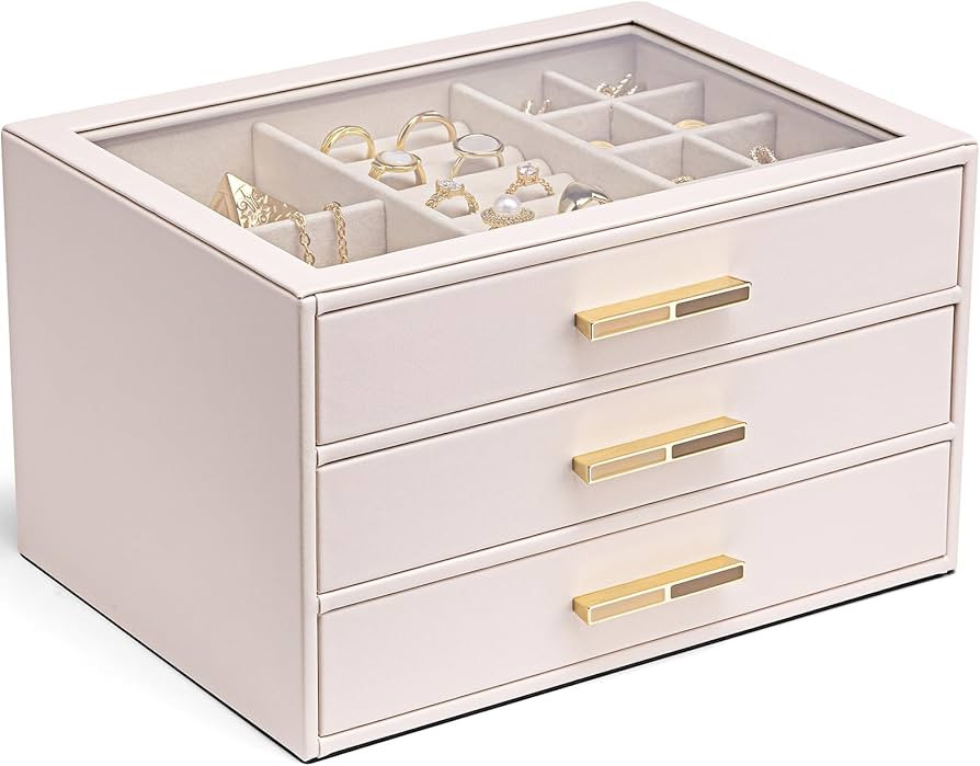 Vlando Jewelry Box for Women, Glass Lid Jewelry Organizer with 3 Drawers for Necklaces Rings Earr... | Amazon (US)