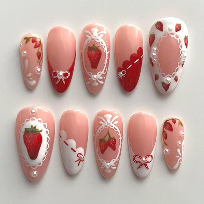 24Pcs Pink Strawberry Press on Nails Medium Almond Fake Nails with French Pearl Bow Design Cute F... | Amazon (US)