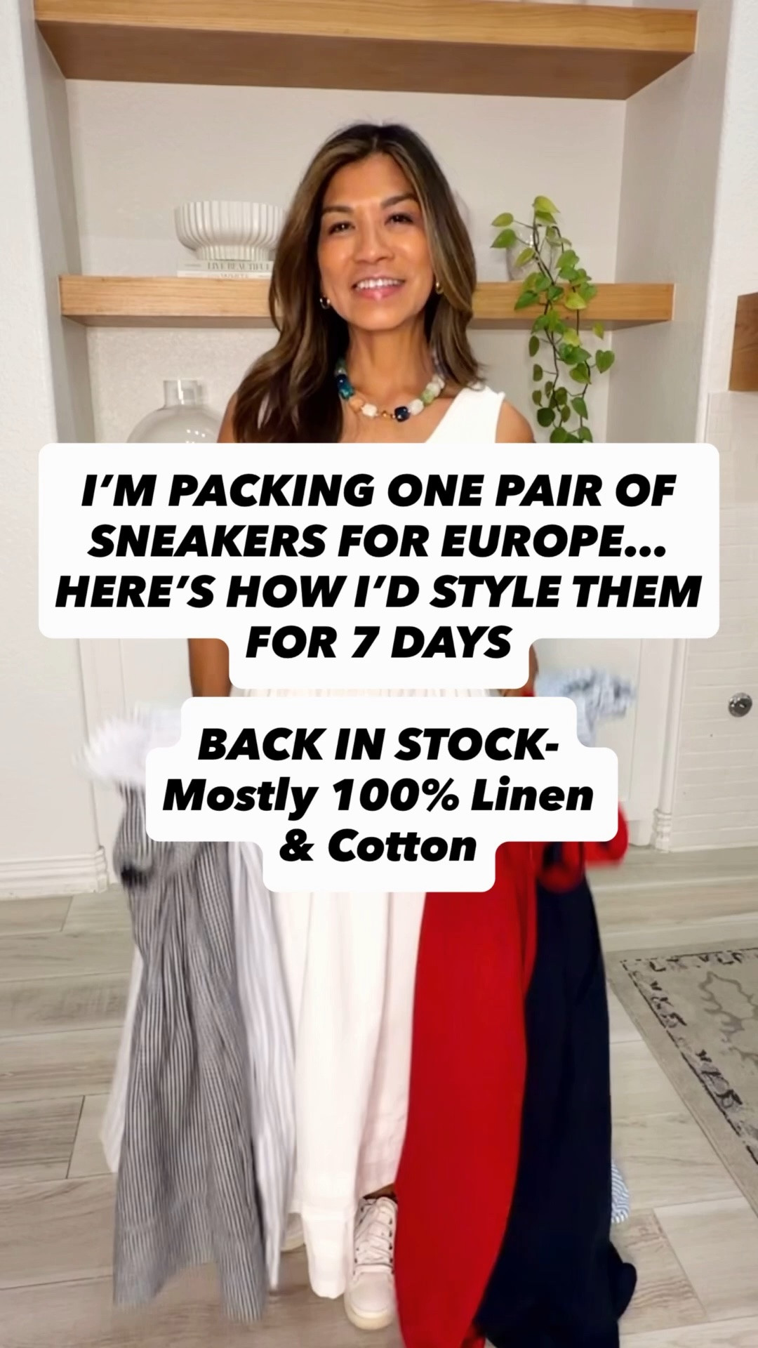 I’m here in Europe and wished I’d packed more linen and cotton cuz it’s hot!! 
These pieces have been restocked and mostly cotton, linen, rayon!

I’m 5’2” 118#ish for reference 
Sneakers fit tts. Very comfy! You can also put inserts if you prefer. Wore no show socks-linked also.
Crossbody bag-in small, taupe.

Both skorts in XS tts-in plaid and oatmeal.
White skirt in small tts.
Both linen sleeveless tops in XS in plaid and white.
Sweater sleeveless top in white in small. 
Sleeveless dress in Navy in XS.
Striped dress with cap sleeves in small.
Striped sleeveless dress in XS(if you have bigger chest size up, I’m 34C).
Shorts underneath dress in small.
Sandals I would wear with these fit tts.-really comfy!

#LTKOver40 #LTKPetite #LTKTravel