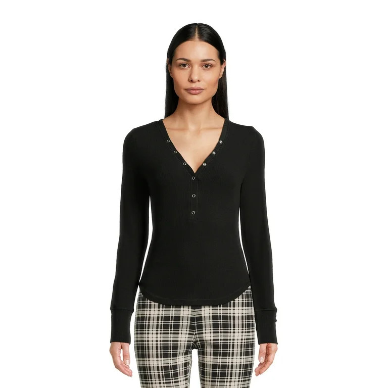 No Boundaries Juniors' Ribbed Henley Top with Long Sleeves, Sizes XS-XXXL | Walmart (US)