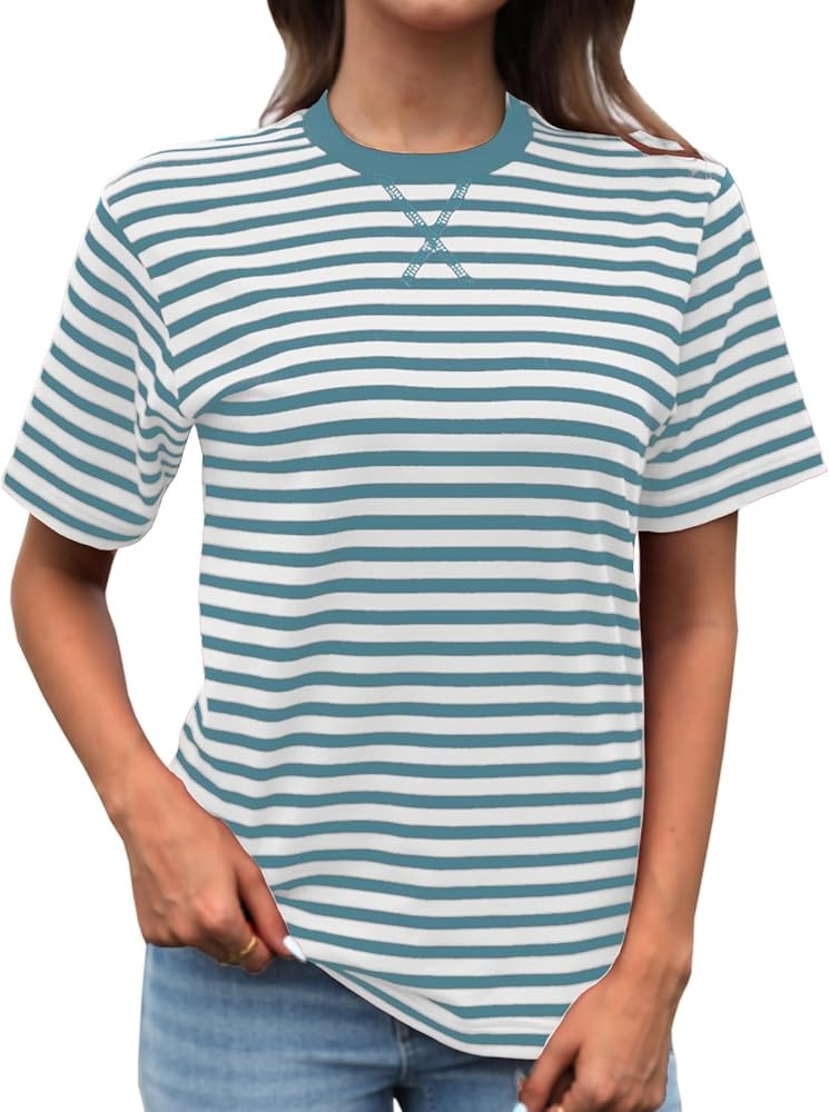 Dwnval Women's Stripe Crew Neck Short Sleeve Shirts Basic Loose Fit 2025 Summer Going Out Tops | Amazon (US)