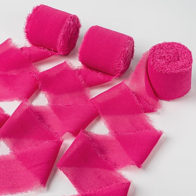 Chiffon Ribbon, Hot Pink Silk Ribbon, Pink Party Decoration, 1.5''x21Yd Handmade Frayed Fringe Ri... | Amazon (US)