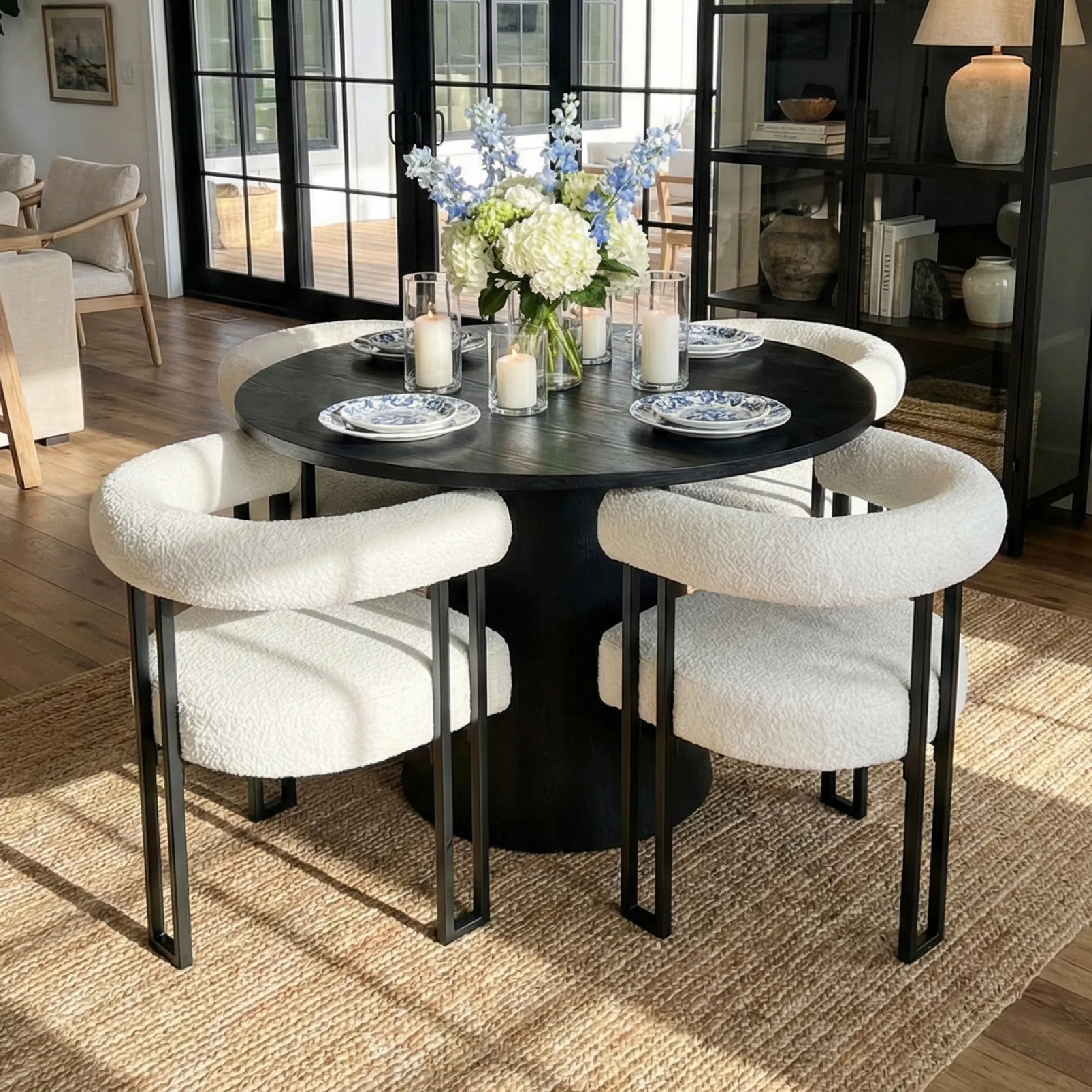 Dwen & Rola 46" Round Black & Boucle Dining Table Set for 4 (5-Piece) | Pop Maison