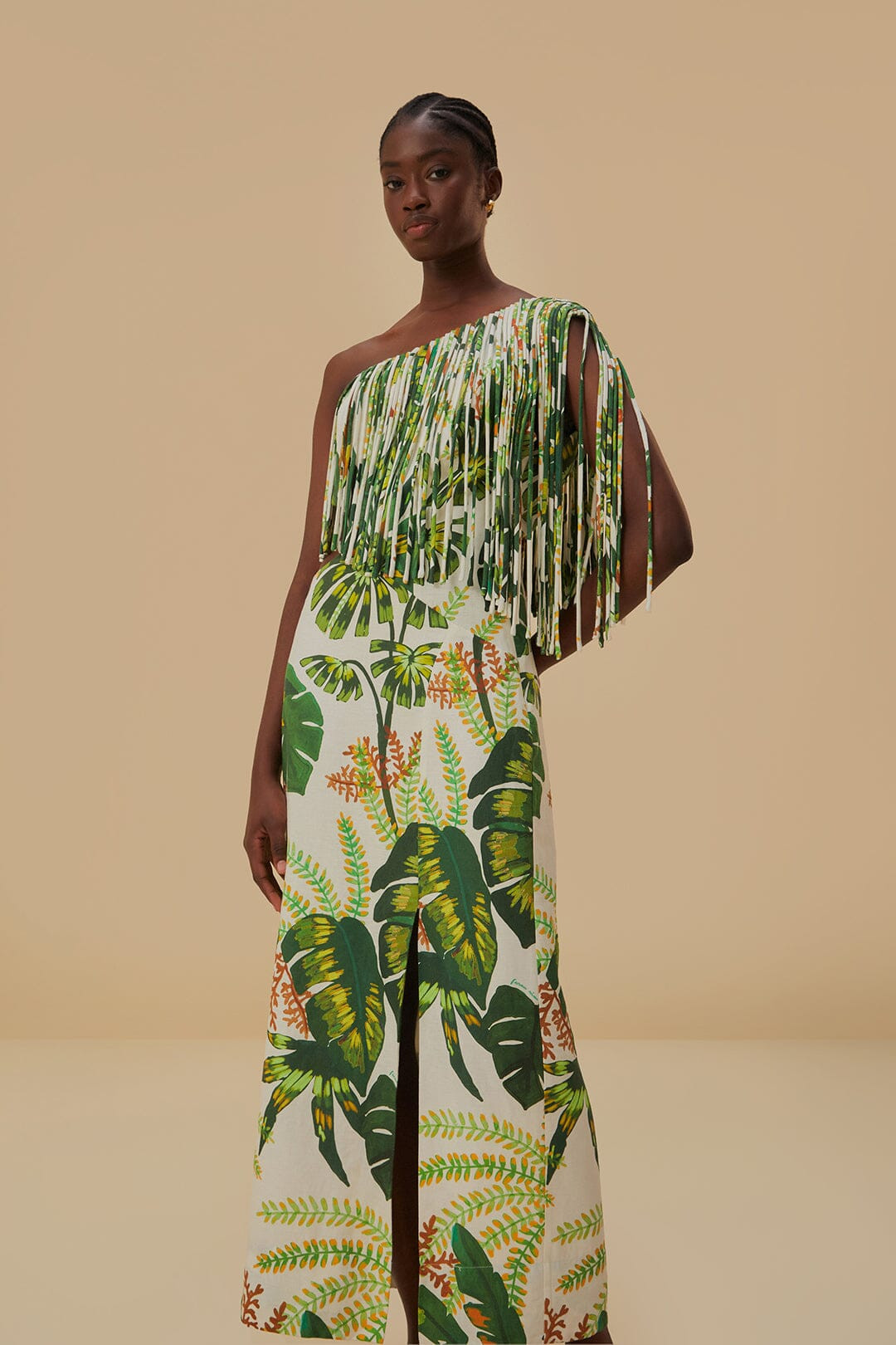 Tropical Forest Off-White Fringed Midi Dress | FarmRio (US)