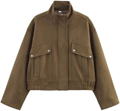 Womens Suede Bomber Jacket High Neck Casual Cropped Jackets Long Sleeve Zipper Streetwear Outerwe... | Amazon (US)