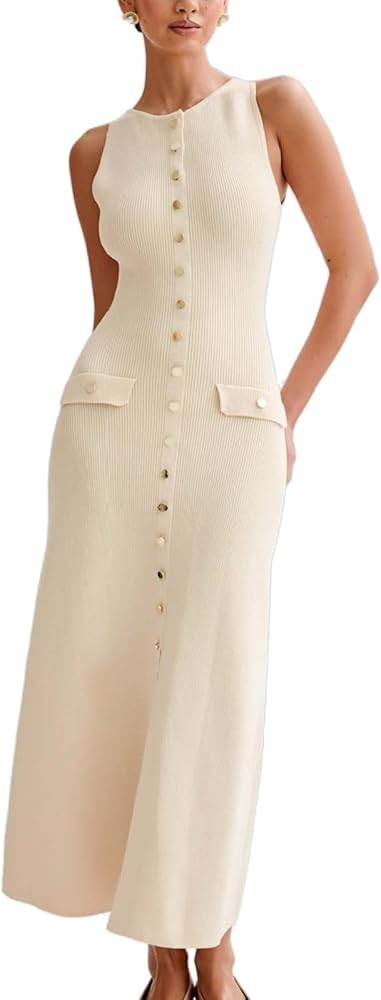 HOULENGS Women's Casual Sleeveless Crewneck Knit Maxi Dress Button Down Bodycon Tank Long Dress | Amazon (US)
