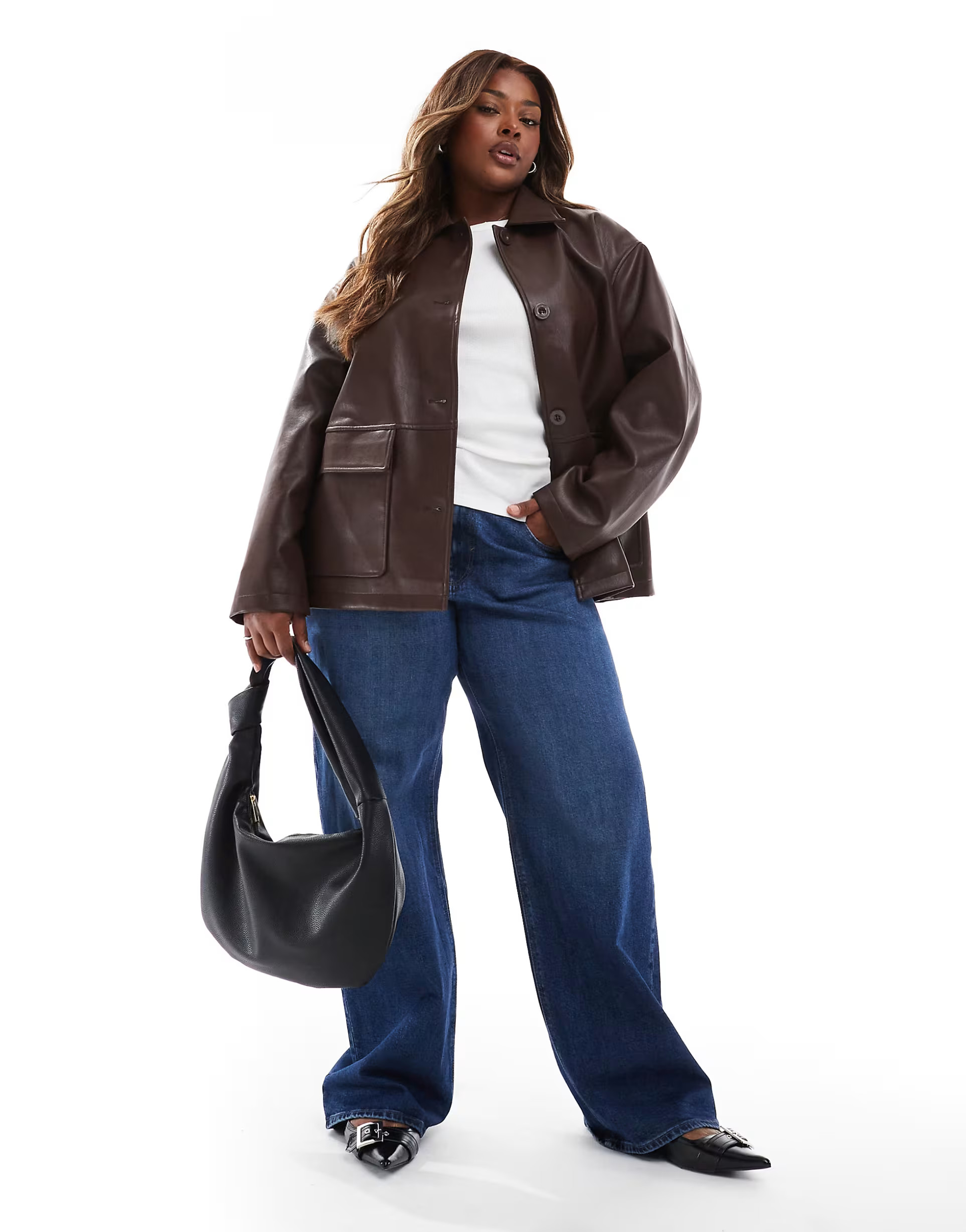 ASOS DESIGN Curve leather look harrington jacket in chocolate | ASOS (Global)