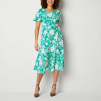 Perceptions Short Sleeve Floral Puff Print Midi Fit + Flare Dress | JCPenney
