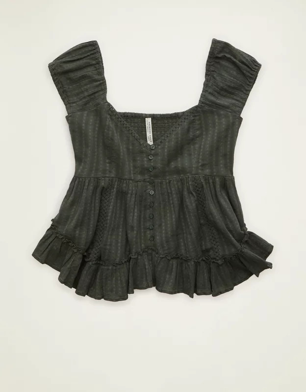 AE Lace Trim Babydoll Blouse Women's Olive S | American Eagle Outfitters (US & CA)