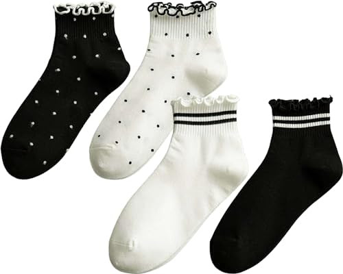 CHUNFO Womens Striped Ruffle Ribbed Crew Frilly Socks Cute Dot Athlete Ankle Cotton Casual Sock S... | Amazon (US)