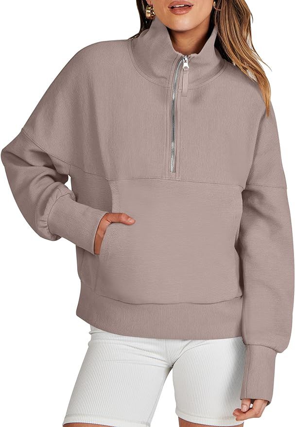 ANRABESS Women's Half Zip Sweatshirt Cropped Pullover Casual Fleece Ribbed Knit Top 2023 Fall Fas... | Amazon (US)