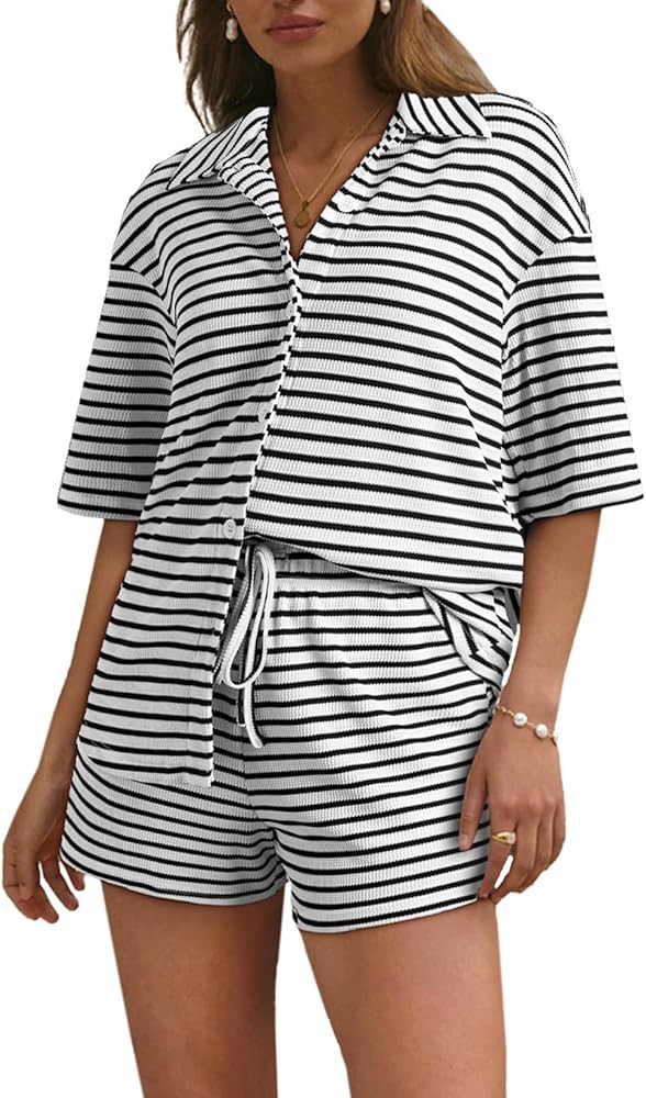 SHEWIN Womens Pajama Sets Short Sleeve 2 Piece Lounge Sets Summer Outfits for Women | Amazon (US)
