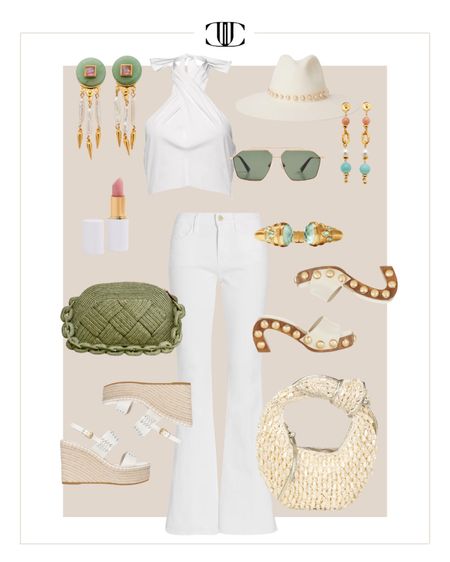 Super fun accessories to jazz up this already classic white look. 

halter top, white pants, wide denim, summer outfit, casual outfit, white outfit, white look, heels, spring look, sun hat 

#LTKshoecrush #LTKstyletip #LTKover40