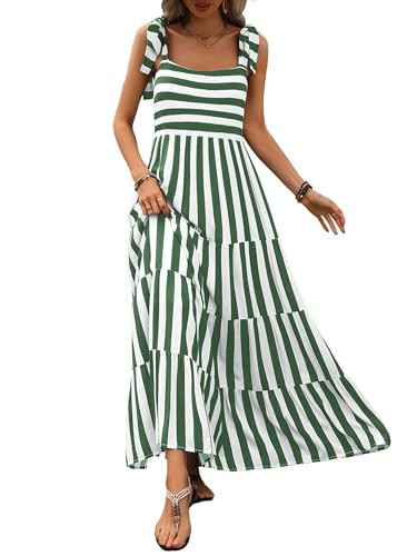 PRETTYGARDEN Womens Dresses 2025 Summer Striped Sleeveless Maxi Dress Casual Spaghetti Strap Tiered Flowy Beach Long Dress(Striped Green,Large) | Amazon (US)