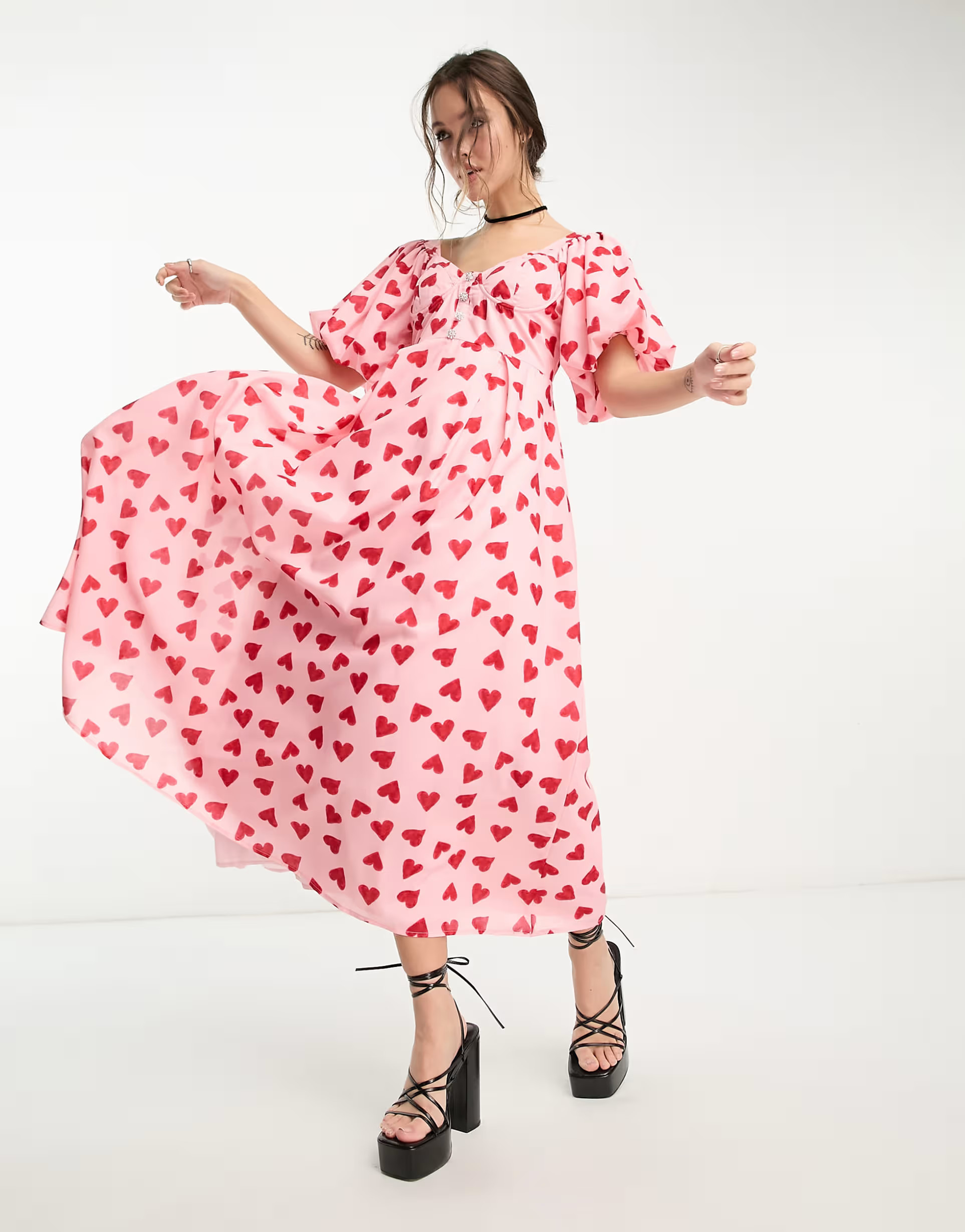 Sister Jane puff sleeve midaxi dress in pink and red heart | ASOS (Global)