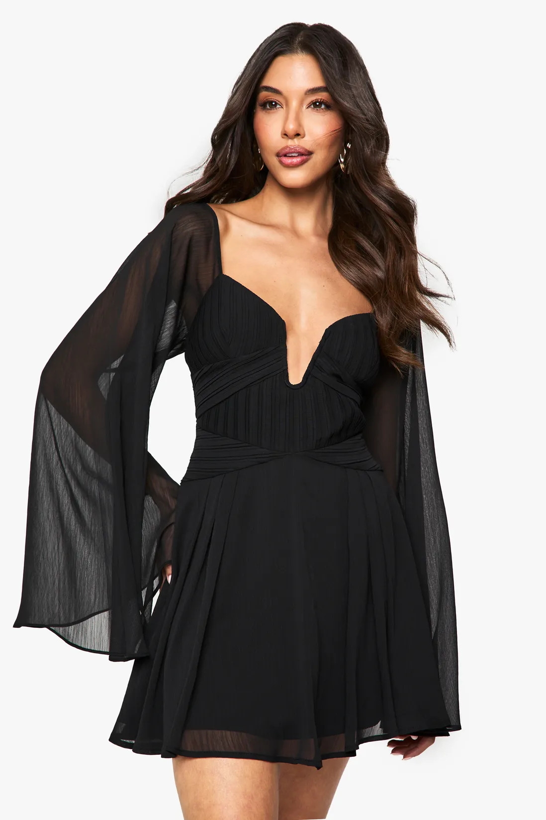 Chiffon Pleated Long Sleeve Mini Dress | boohoo (US & Canada)