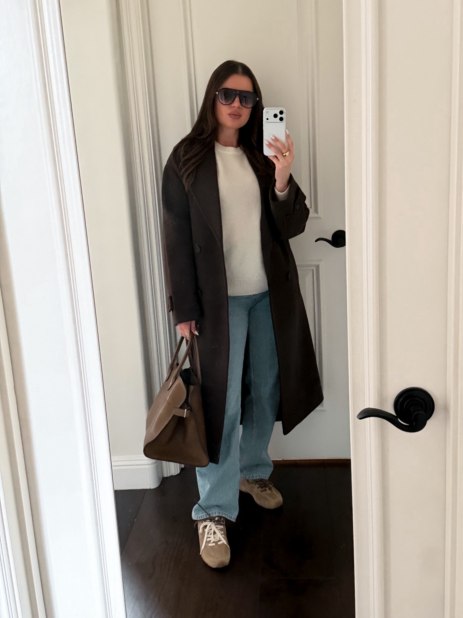 Styling this espresso brown coat with straight leg jeans, cashmere sweater and suede sneakers 
#espresso #brown #darkbrown #chocolatebrown #coat #cashmere #sweater #beige #cream #therow #zara #margaux #suede #sneakers #miumiu #aviators #newbalance 
#wintercoat 


#LTKWorkwear #LTKootd #LTKFindsUnder100