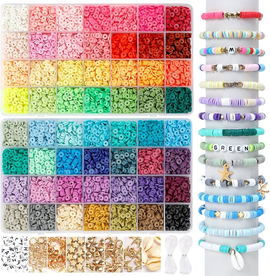 QUEFE 14420pcs Clay Beads for Bracelet Making Kit, 56 Colors Spacer Heishi Beads Flat Round Polym... | Amazon (US)