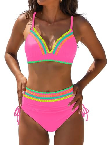 popvil High Waisted Bikini Sets for Women Tummy Control Swimsuits 2026 Neon Two Piece V Neck Drawstring High Rise Flattering Bathing Suits Ladies Beach (Pink) | Amazon (US)