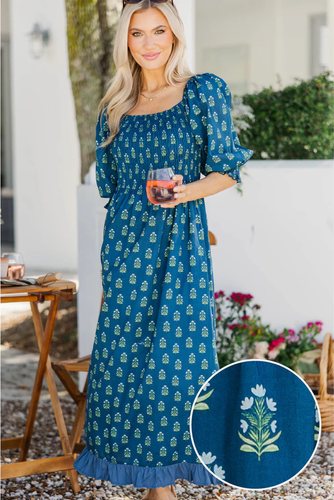 Naturally You Navy Medallion Babydoll Midi Dress | The Mint Julep Boutique